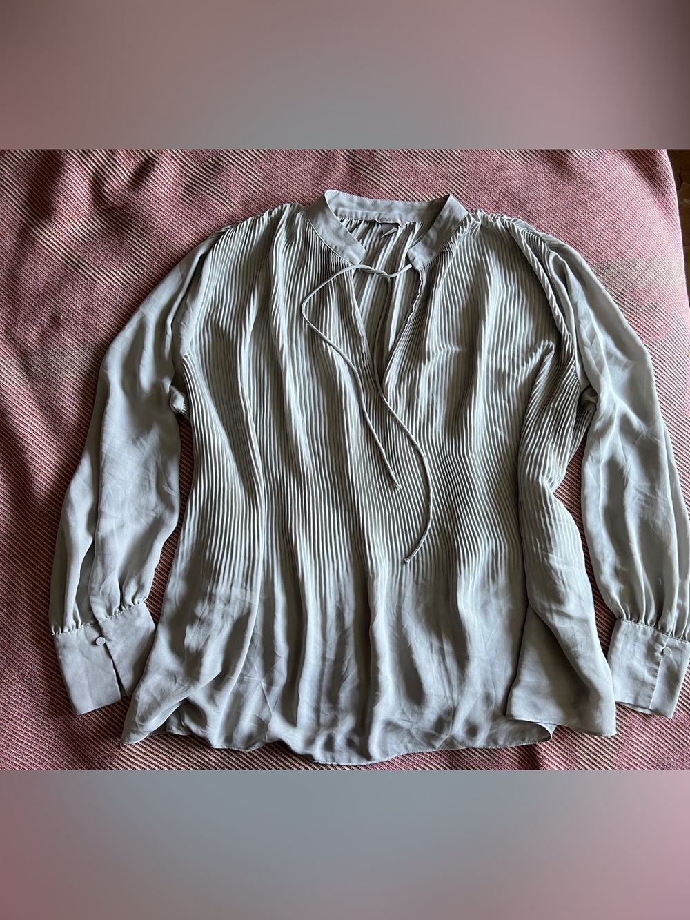 H&M Light Gray Pleated Tie-Neck Blouse